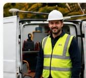 Electrician standing by an open work van